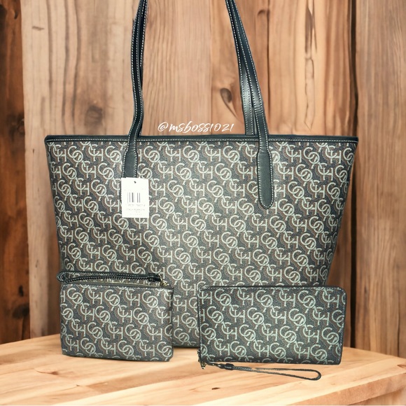 COACH City Signature Monogram Tote + Wallet + Wristlet in Black NWT